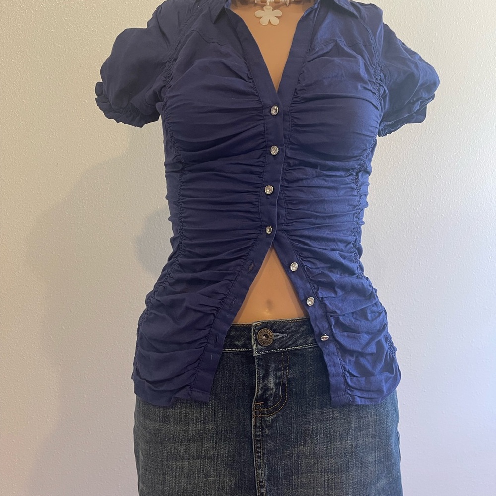 Y2K Vintage Forever21 Women's Blue Ruched Button-Up Top